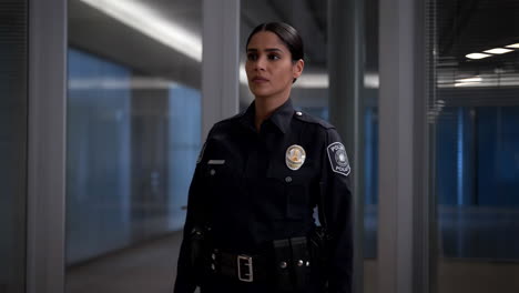 a female police officer in uniform standing indoors