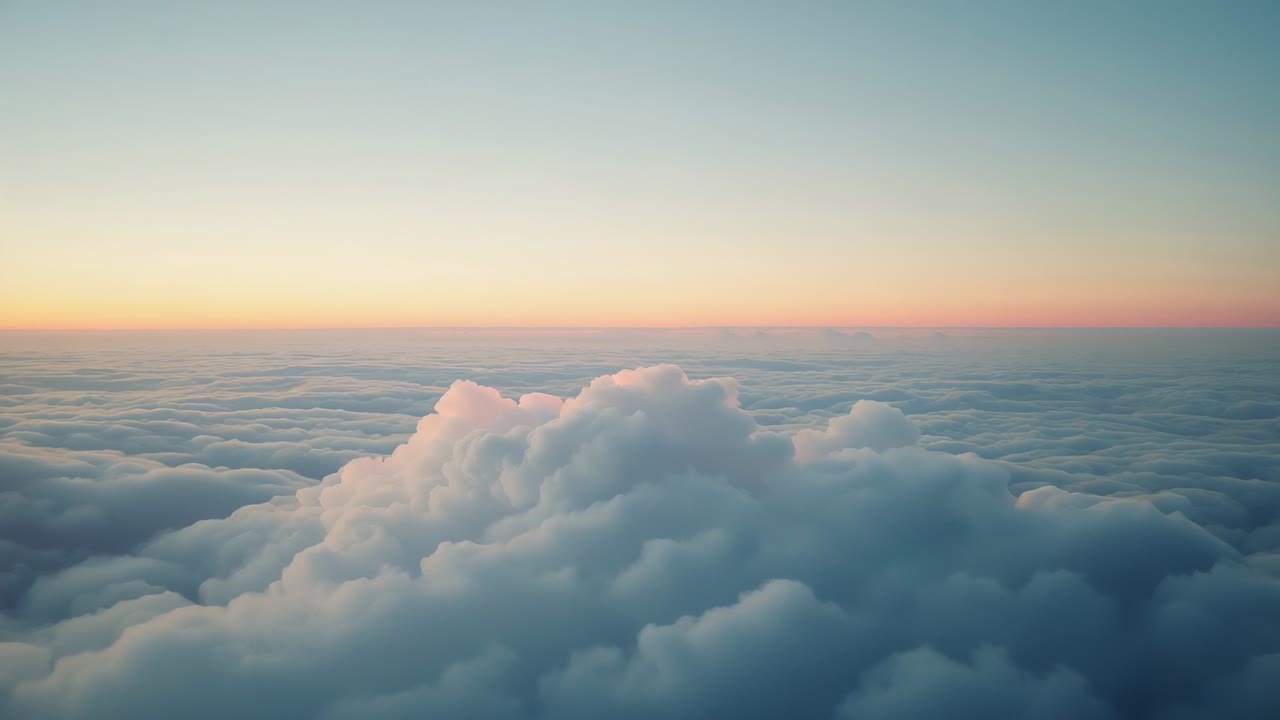 Drone initiating forward flight over cumulus clouds at sunrise, revealing gentle drifting contours