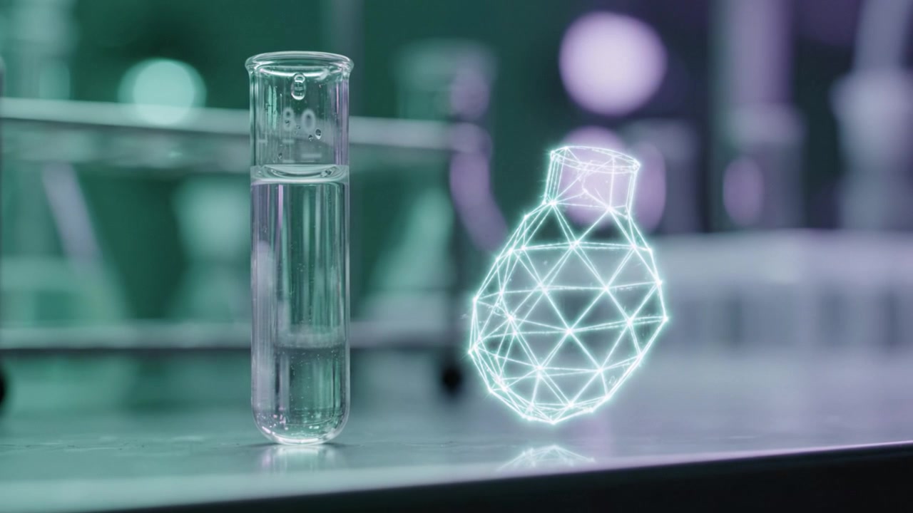 Innovative Laboratory Scene: A Clear Test Tube with Liquid and a Digital Representation of a Laboratory Flask in a High-Tech Setting