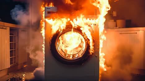 a burning washing machine in the middle of a kitchen