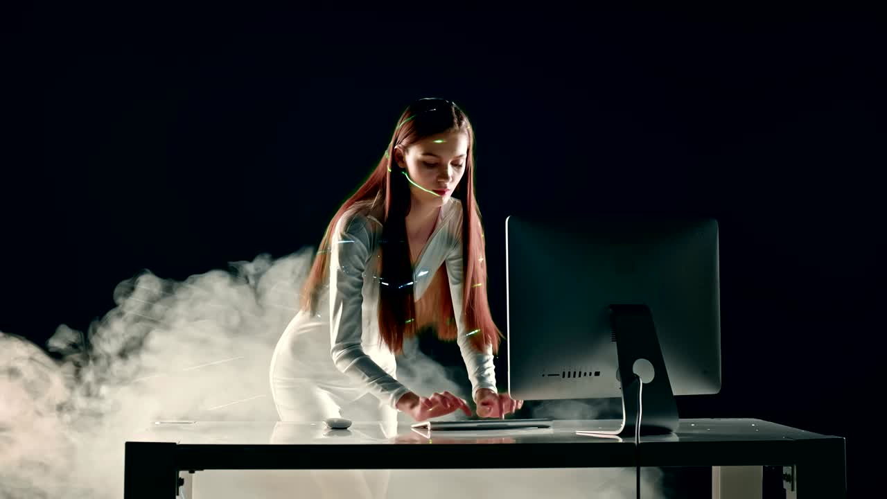 Succesfull woman attractive future office concept shot in studio with cinematic lighting and smoke effect . Prores