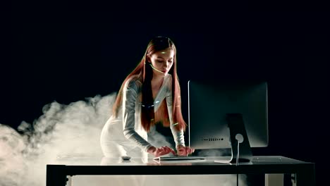 succesfull woman attractive future office concept shot in studio with cinematic lighting and smoke effect . prores