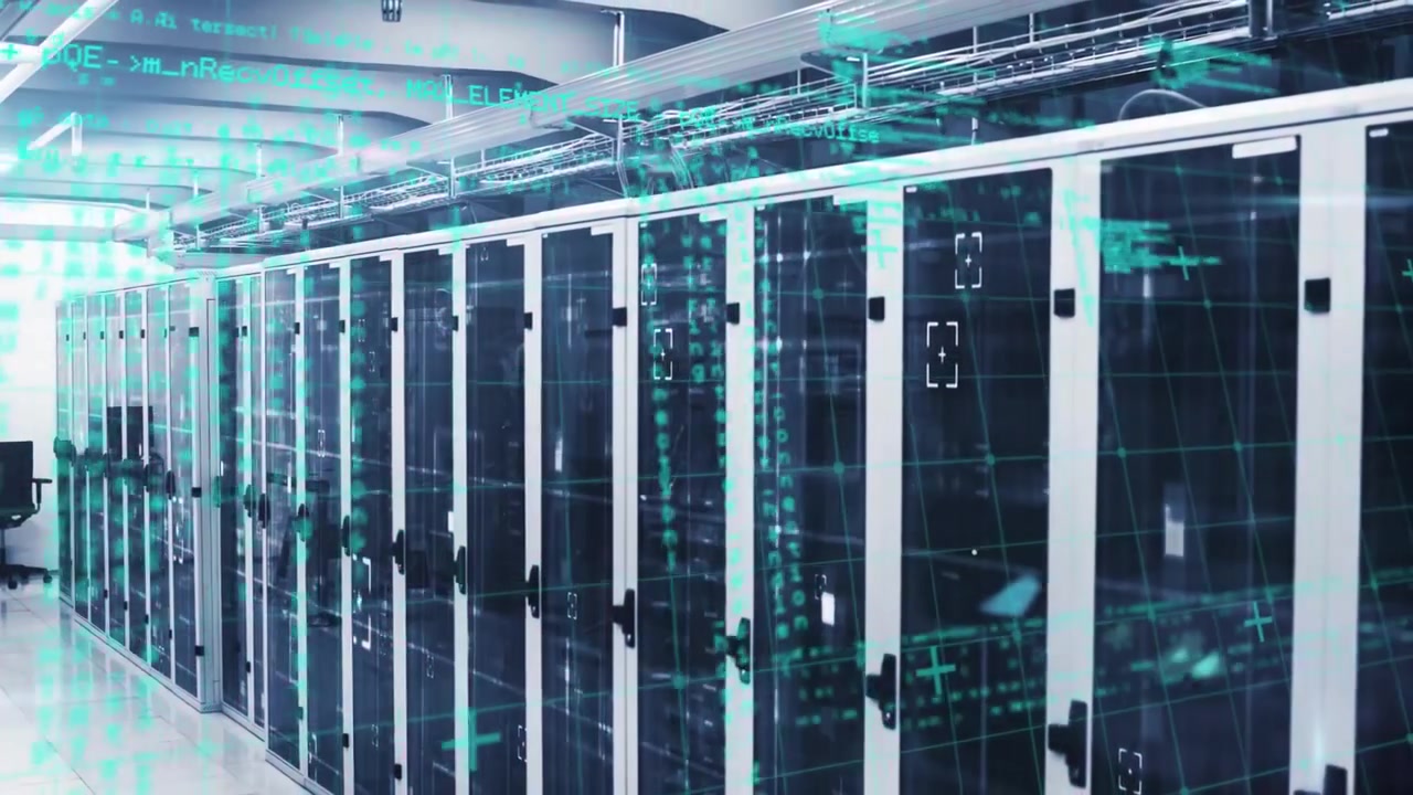 Teal grid overlay emerging across server cabinets causing lateral pan amplifying code flow view
