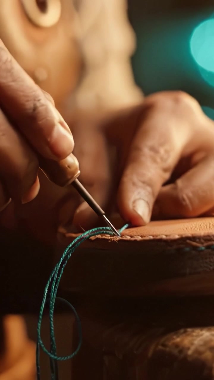 Artisanal Craftsmanship: Close-Up of Skilled Hands Sewing Leather with Thread in a Warm, Inviting Environment, Highlighting the Intricate Techniques of Leatherwork.