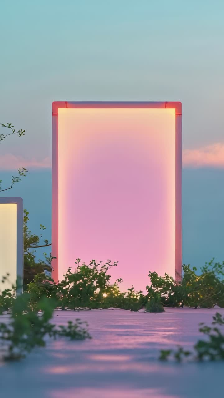 Vertical video: Displaying illuminated panel glowing on paved ground, with shrubs and twilight sky