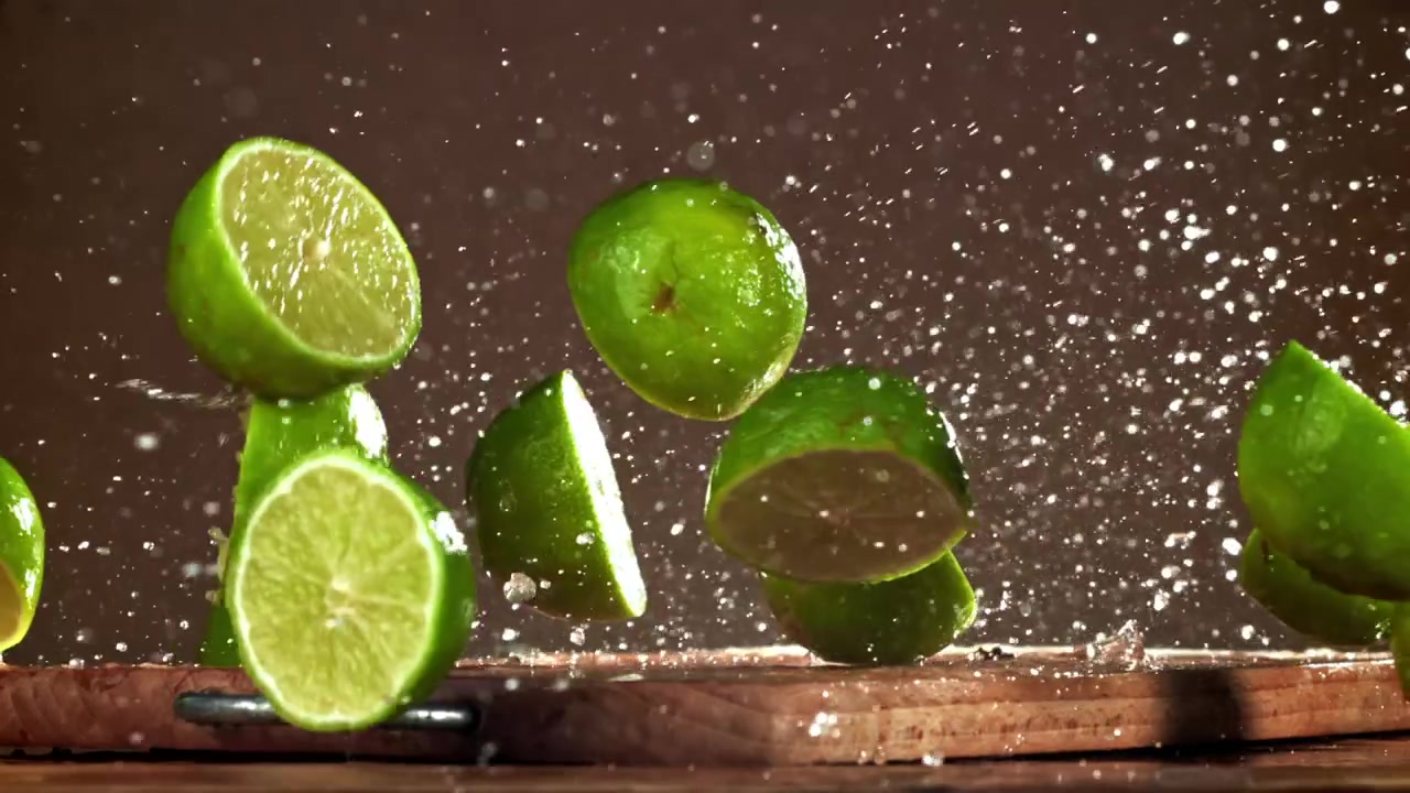 Limette fresche e fette che cadono su un tagliere di legno bagnato con schizzi d'acqua al rallentatore