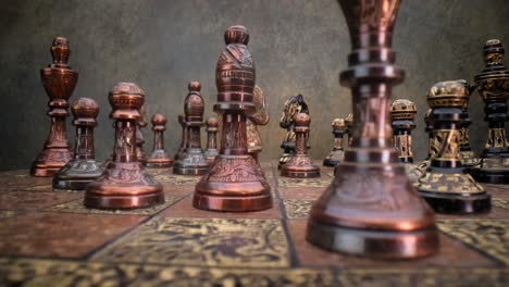 Flight-of-the-camera-between-vintage-chess.-Super-macro-close-up.