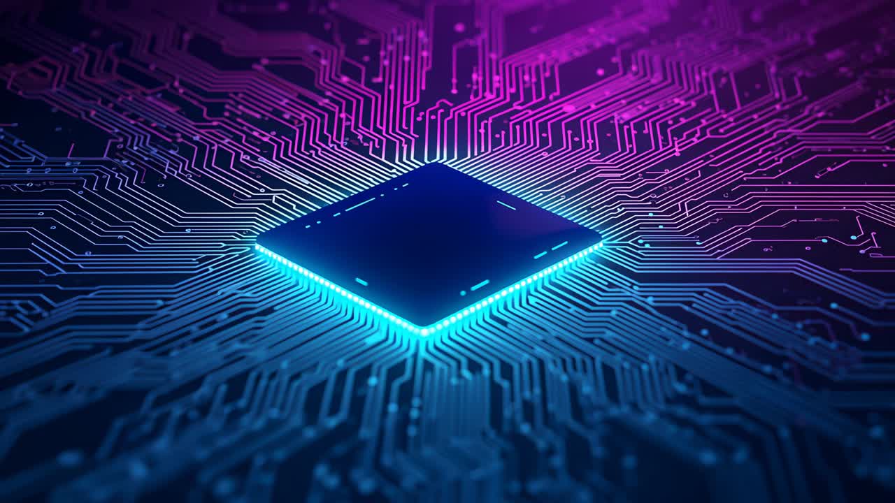 Glow emerging around central microchip on circuit board tracing pathways pulsing blue-magenta hues