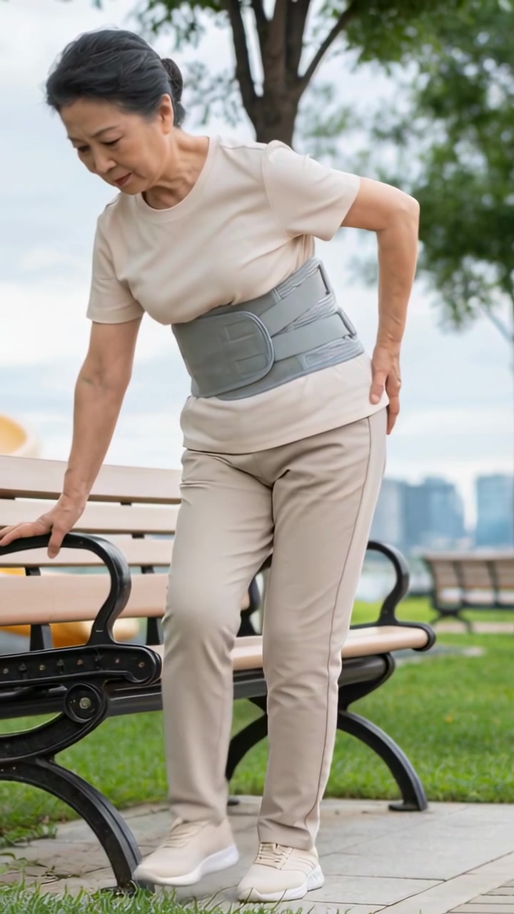 Vertical video: Placing hand on bench, senior woman rising on path, wearing back brace and sneakers