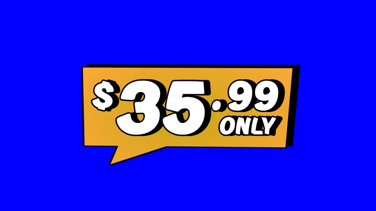 Animation $35.99 only price tag in orange speech bubble motion graphics on Blue screen background. Perfect for ads, e-commerce, retail, discounts, and promo videos business concept video element