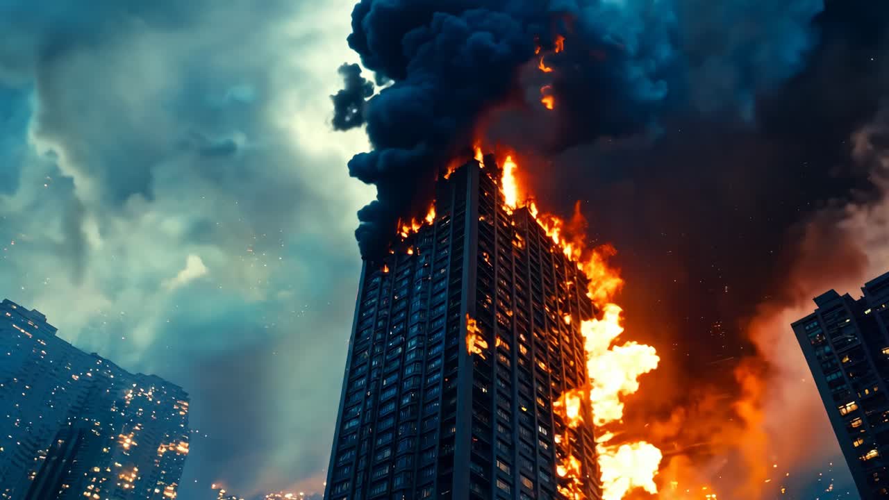 Un edificio alto in fiamme nel mezzo di una città