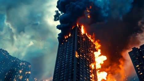 a tall building on fire in the middle of a city