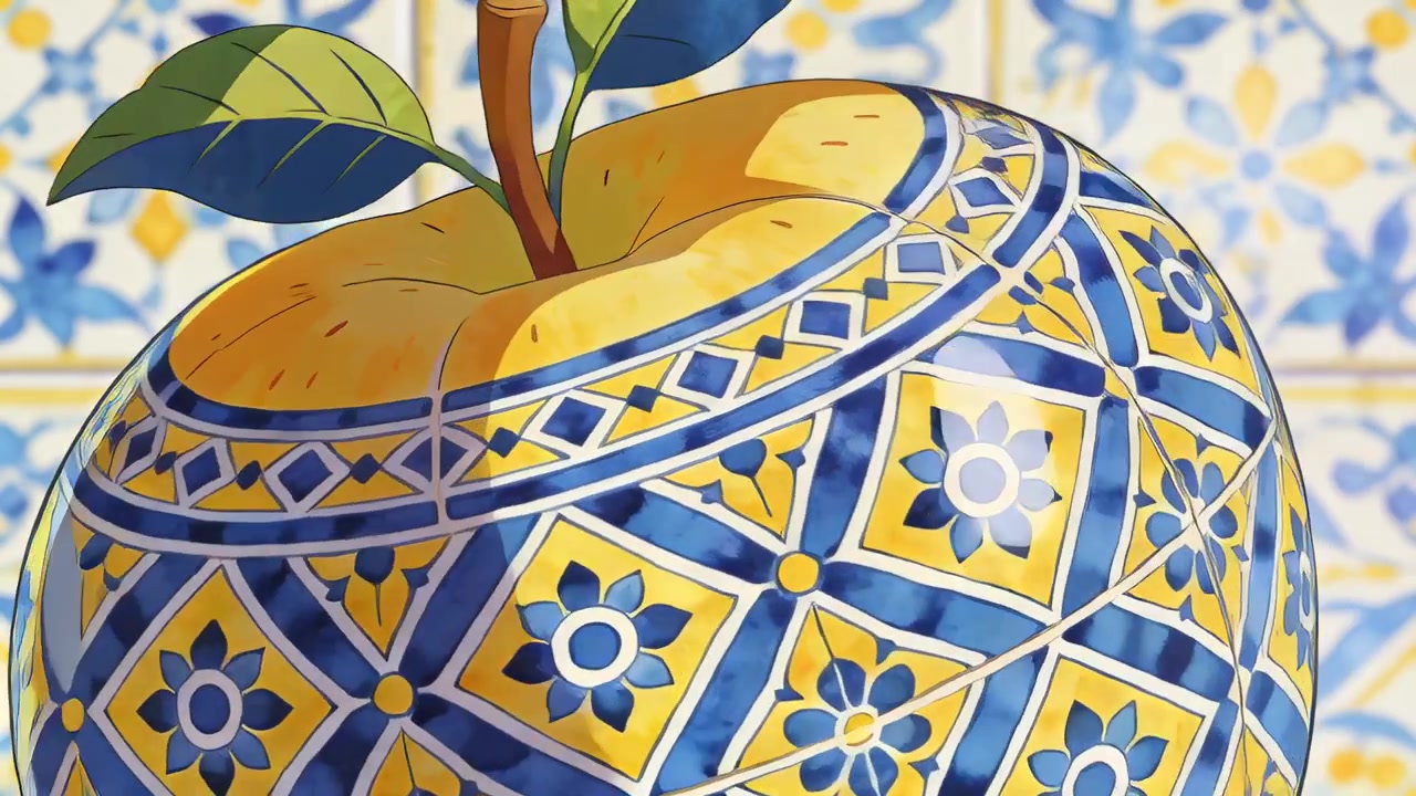Spostamento del punto di vista, la telecamera panoramica una mela di ceramica contro una parete piastrellata, mostrando la smaltatura lucida e la forma