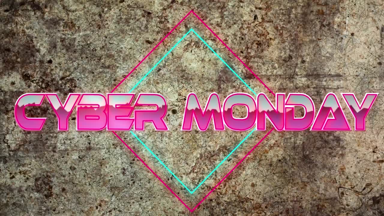 animación del texto de cyber monday sobre formas geométricas en movimiento