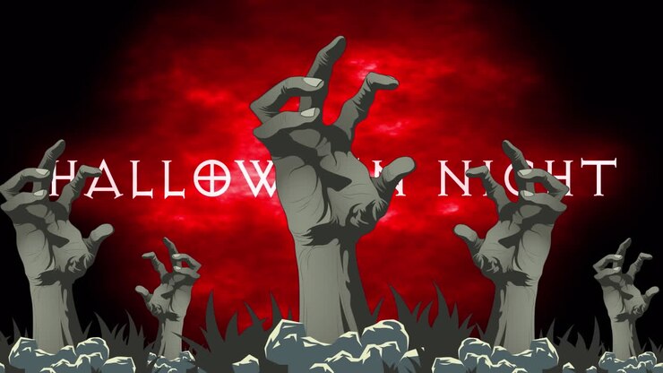 Animation of halloween night, hands and smoke on black and red background