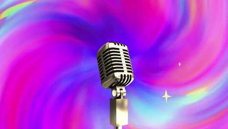 animación del micrófono sobre iconos de estrellas brillantes y ondas digitales de gradiente colorido con espacio de copia