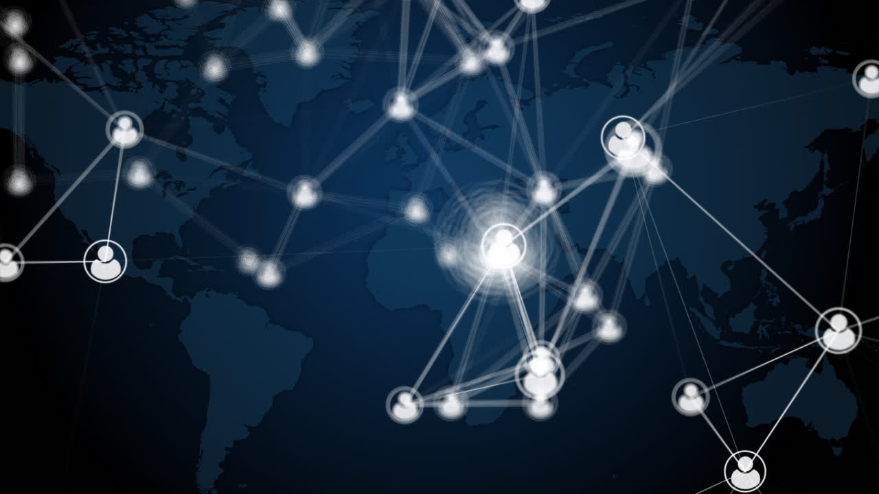 Icons of Internet users connected to the global network by lines on blurred background of the world map. Dark blue looped animation. Social network connections.