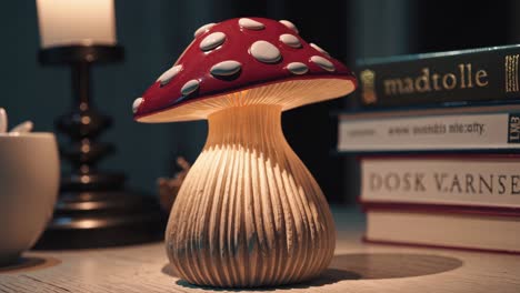 mushroom night lamp on a wooden table with books and candle