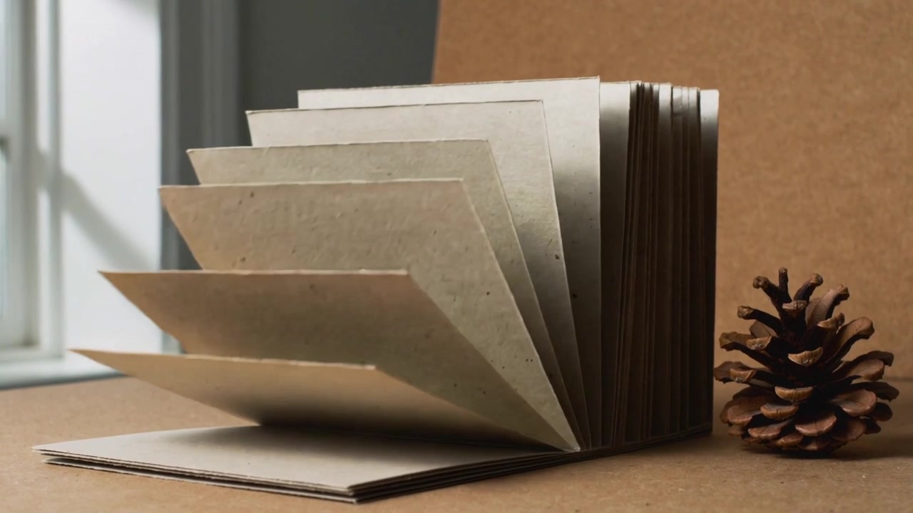 Flipping recycled flipbook starting at right edge and fanning toward front on craft table, pinecone