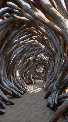 driftwood tunnel art installation on sand