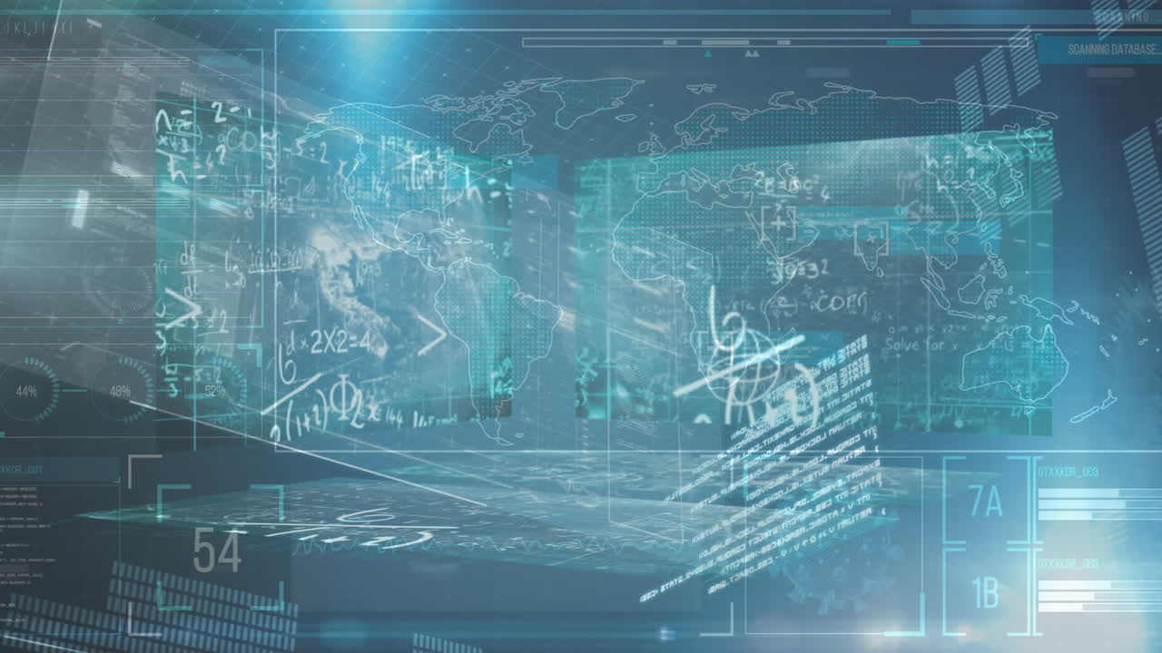 파란색 배경에 대한 수학 방정식과 데이터 처리