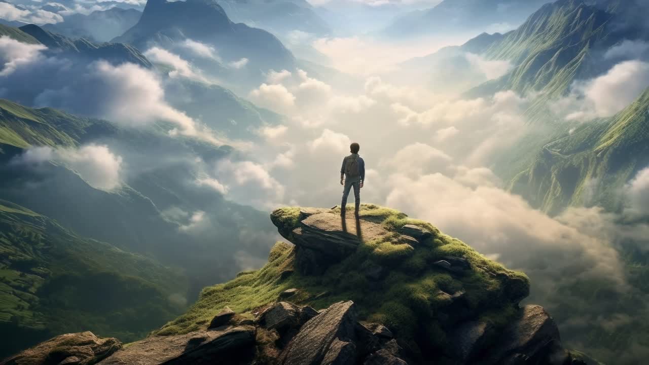 A lone figure stands on a mountain peak, overlooking a vast, misty landscape
