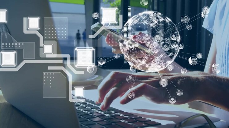 Animation of globe of network of connections against mid section of a woman using laptop at a cafe
