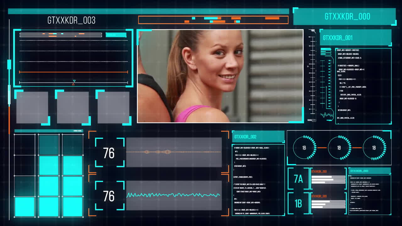 animación de hombre y mujer caucásicos en buen estado de salud haciendo ejercicio y procesamiento de datos