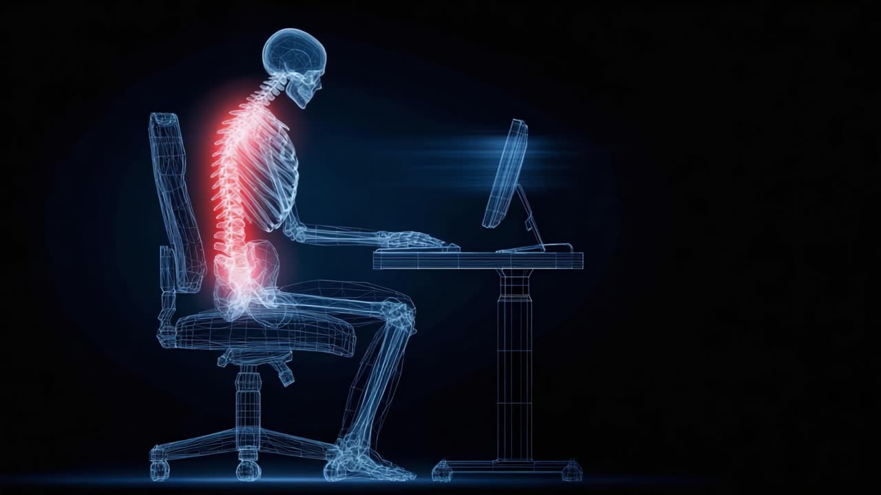 Anatomical Visualization of a Skeleton at a Computer Desk: An Insight into Ergonomics and Spine Alignment in Modern Workspaces