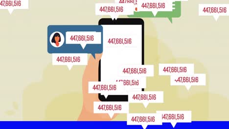digital animation of digital interface over hand using smartphone against yellow background