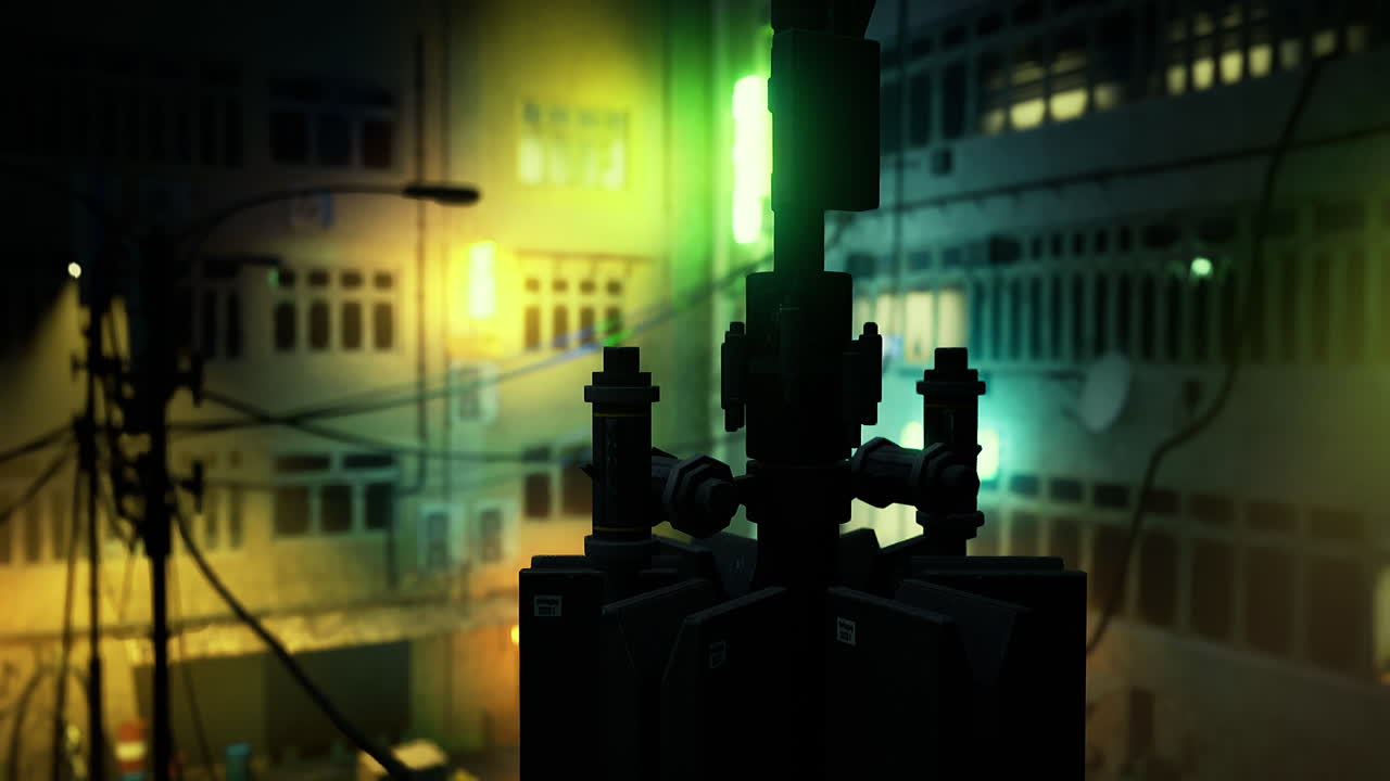 Urban night setting with colorful lights and electrical poles in a city