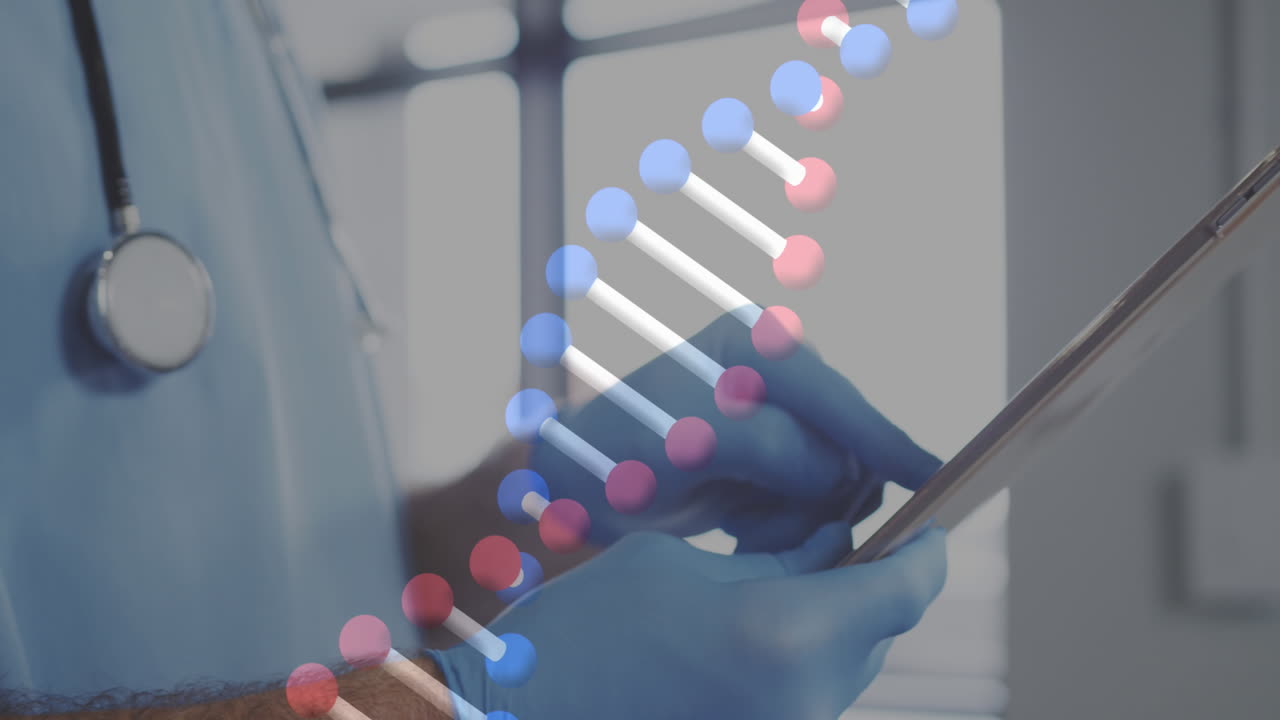 Animation of dna helix rotating over african american doctor using digital tablet