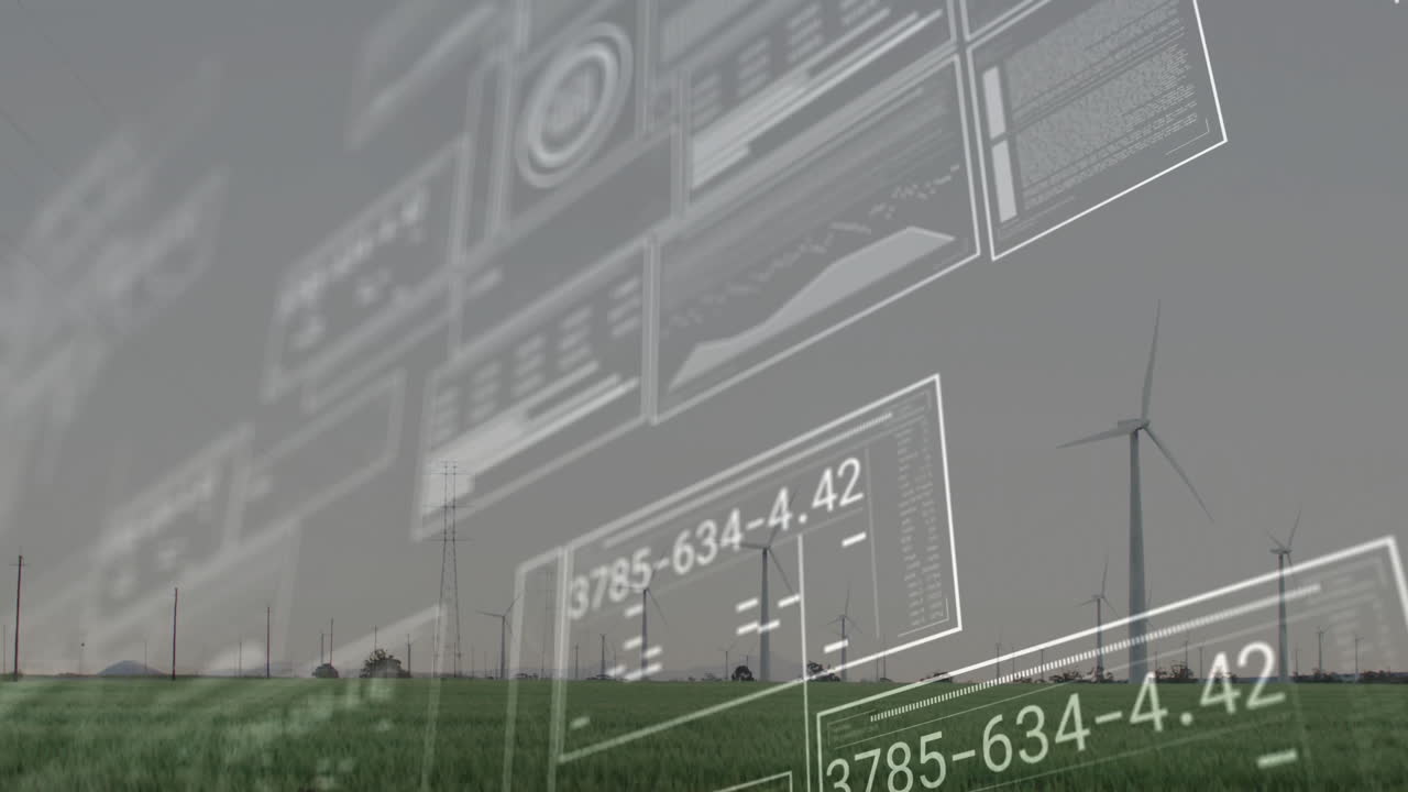 Wind turbines rotating over green grassland, flat design data panels hovering above cloudy sky