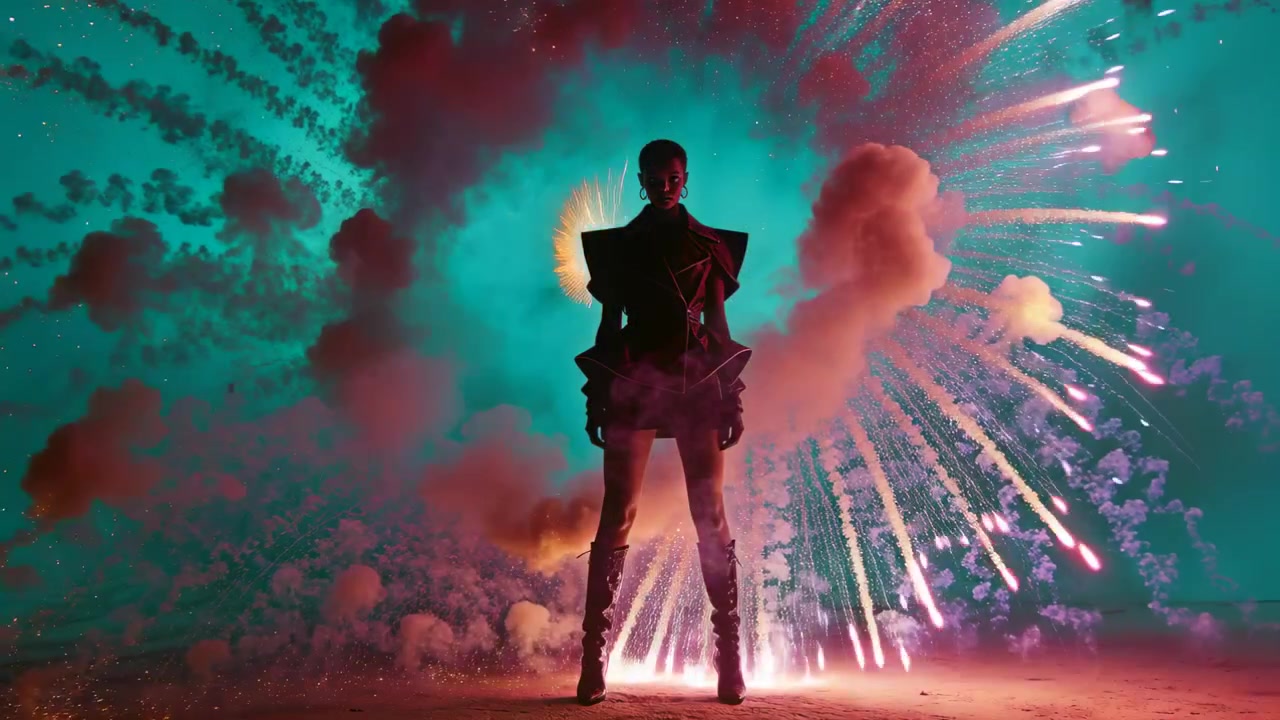 Fountains igniting, model standing on stage in outfit boots for pyro shoot, halo forming with smoke