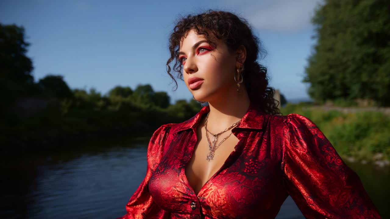 Una giovane donna affascinante, che indossa una vivace camicetta rossa, posa con sicurezza sulla riva di un fiume sereno, circondata da una vegetazione lussureggiante e da un cielo azzurro.