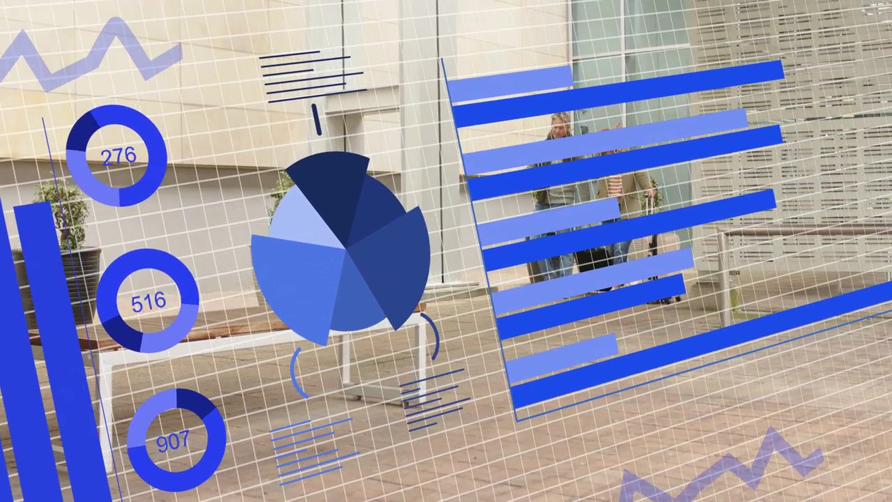 To voksne går i lobbyen mens AR-overlegg glir, stolper avslører mennesker, diagrammer for teknologidemo