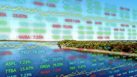 stock market data animation over scenic view of lake and trees