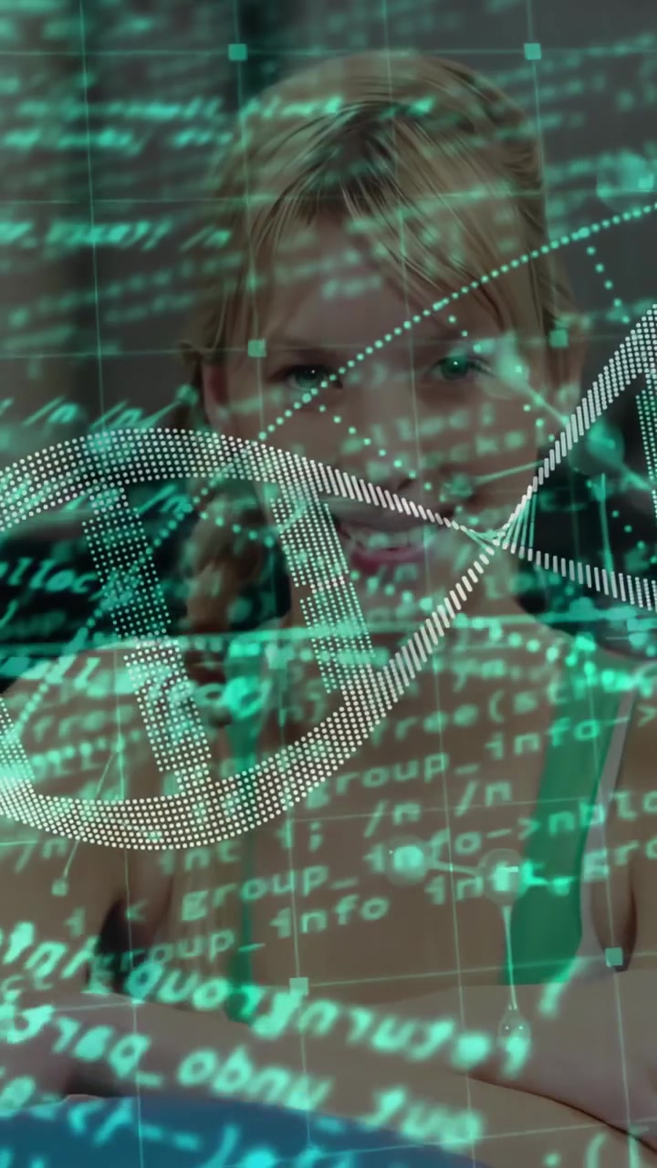 Vertical video: Hand starting DNA helix woman resting chin smiling helix showing lab data over face