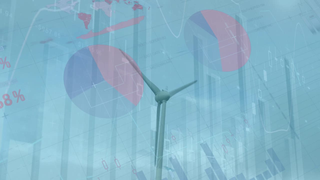 푸른 하늘을 배경으로 회전하는 풍차 위에서 통계 데이터 처리의 애니메이션