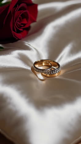 wedding rings on a satin pillow with a red rose