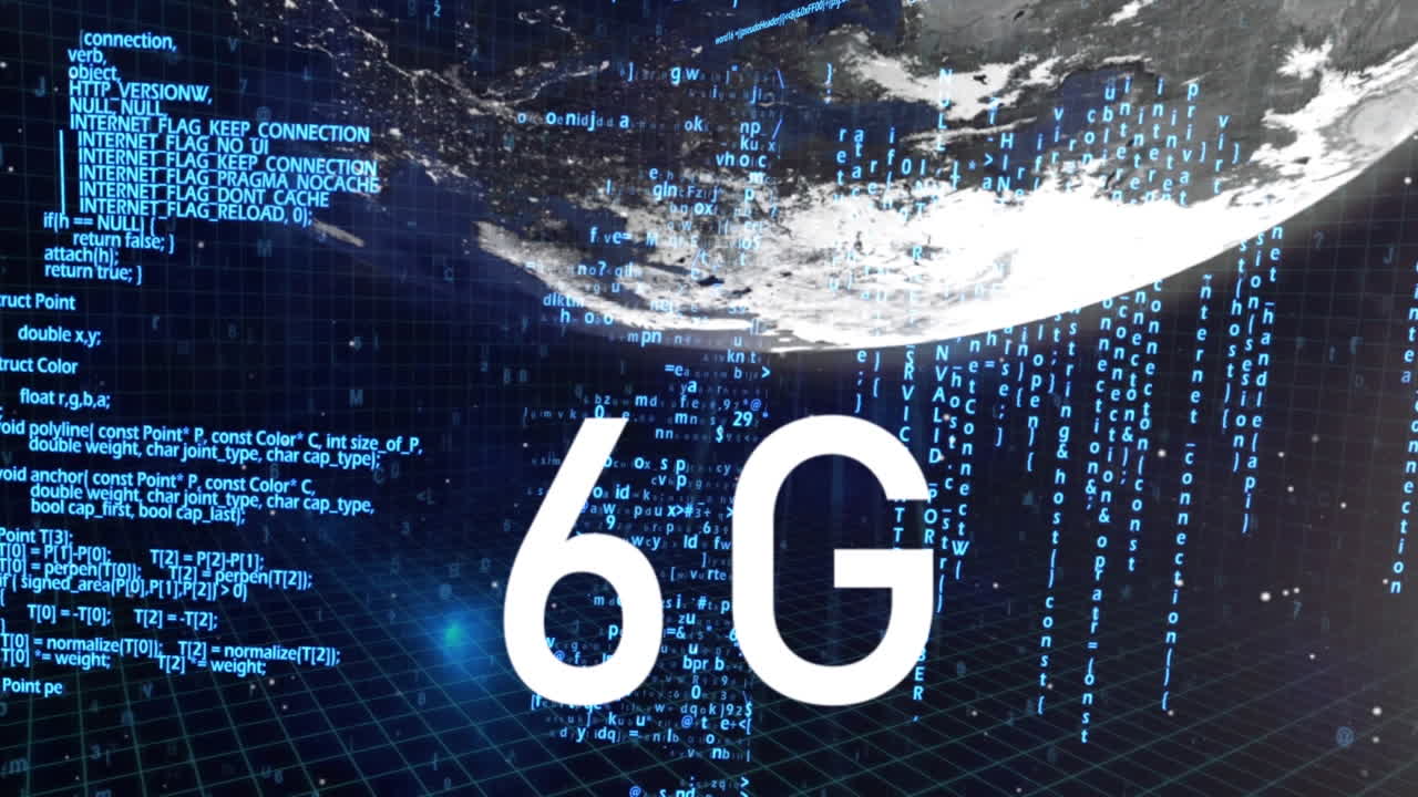 animazione di testo 6g sul globo e elaborazione dei dati in background
