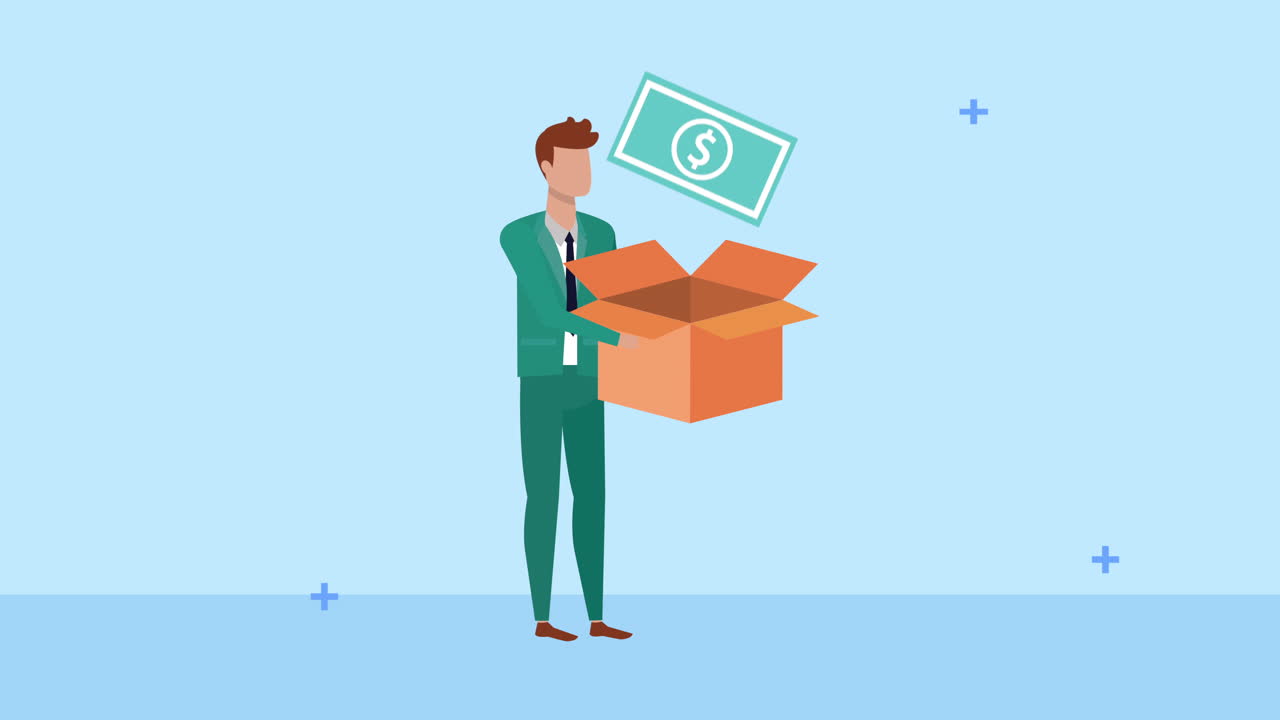 young businessman lifting carton box with bill dollar