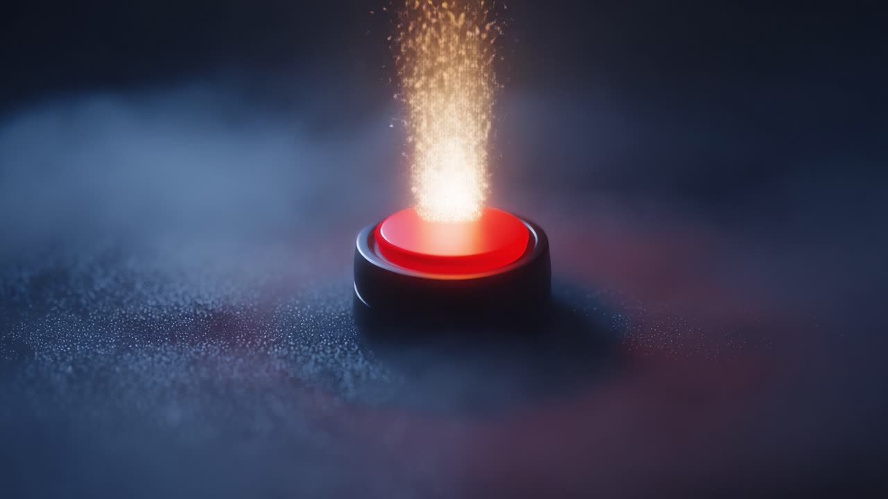 A Captivating Close-Up of a Glowing Red Button Surrounded by Ethereal Smoke and Sparkling Particles, Illuminating the Dark Background with a Mysterious Aura of Anticipation