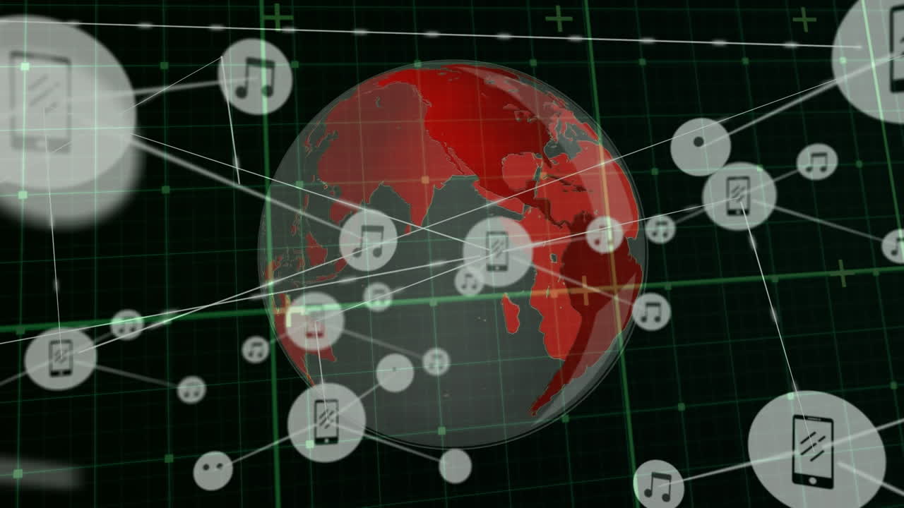 animación de la red de conexiones con iconos sobre el globo y la cuadrícula