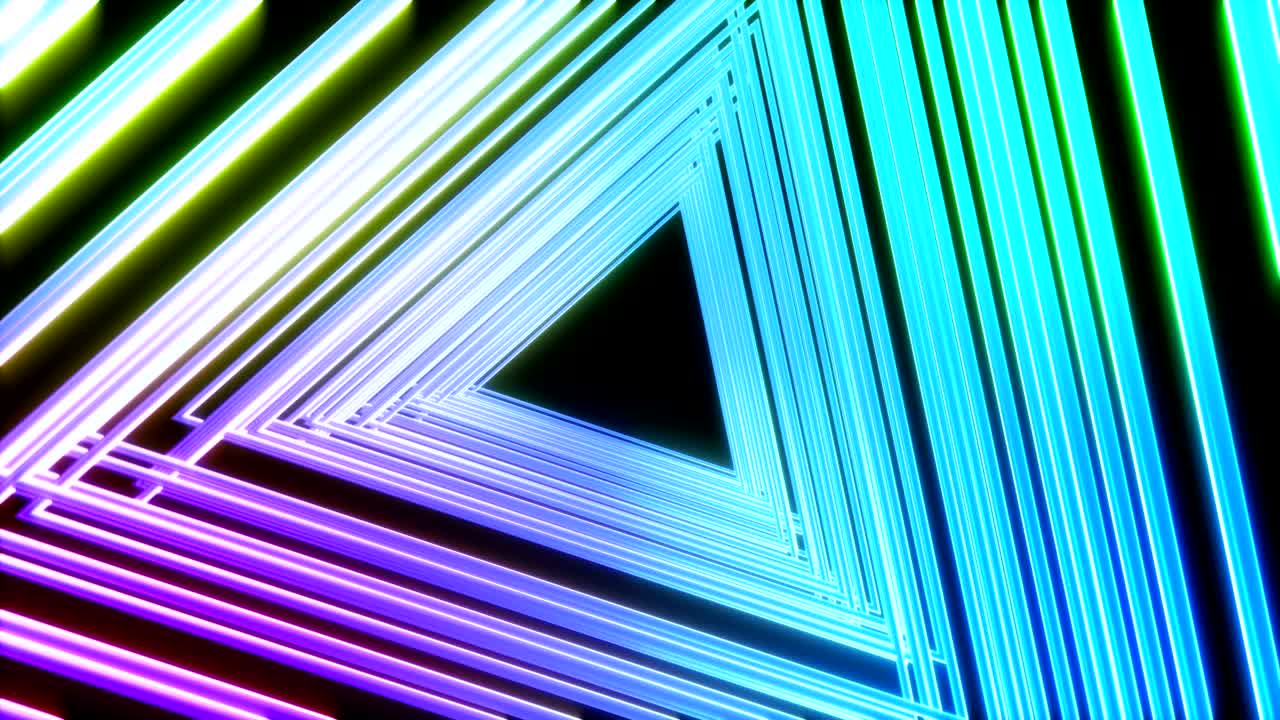 brillantes triángulos de luz de neón en color negro. colorido fondo geométrico fluorescente abstracto. renderización 3d futurista en bucle. animación de moda moderna para diseño de transmisión, espectáculo, club.