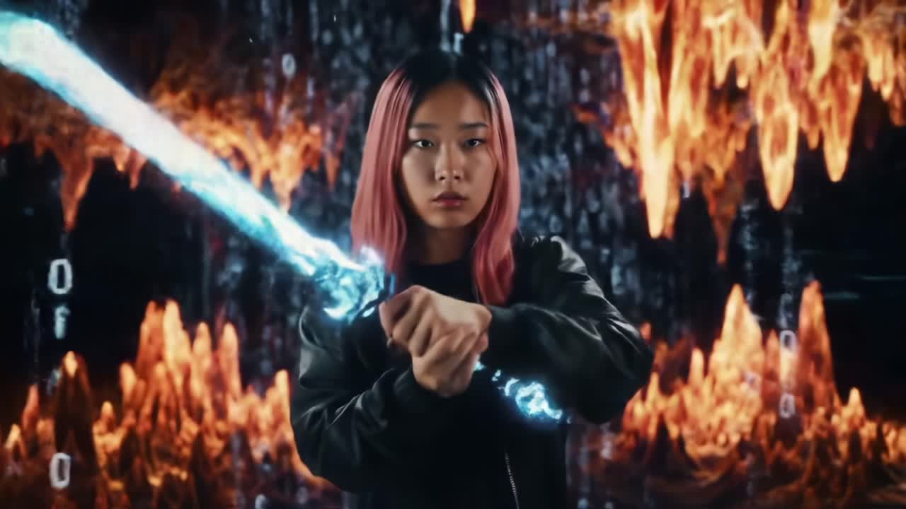 A captivating moment showcasing a young warrior wielding a glowing sword against a backdrop of mesmerizing digital flames, symbolizing strength and determination