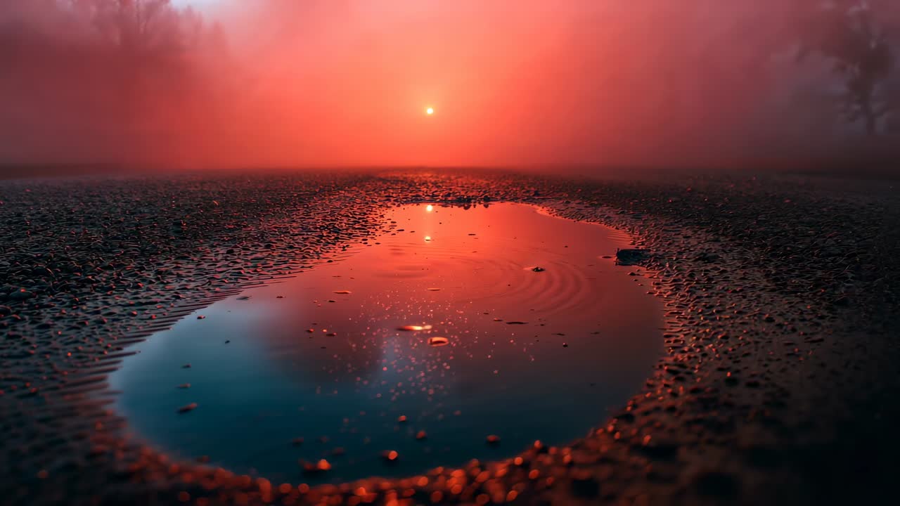 Revealing shallow puddle reflecting low sun over wet field, mist lifting to reveal terrain