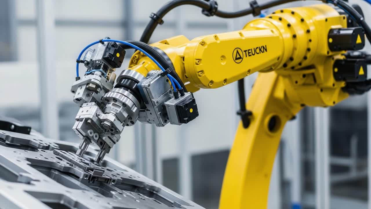 Advanced Robotic Arm Performing Precision Engineering Tasks in a Modern Industrial Setting, Showcasing Automation Technology and Manufacturing Efficiency