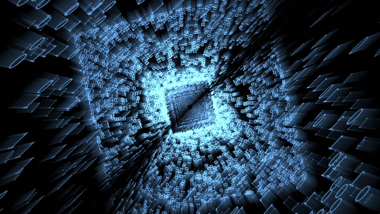 Flying Binary data numbers Form Rotating futuristic matrix square abstract