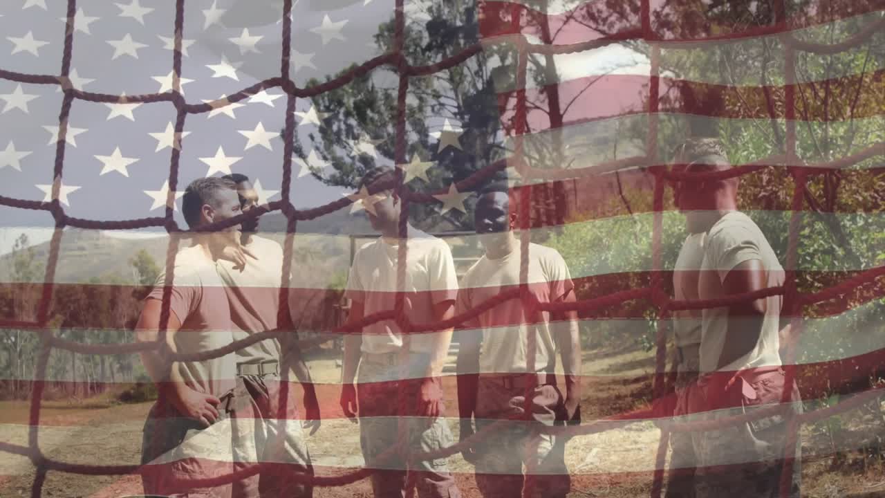 uniformed team by net starting training discussion planning obstacle move with faded flag overlay